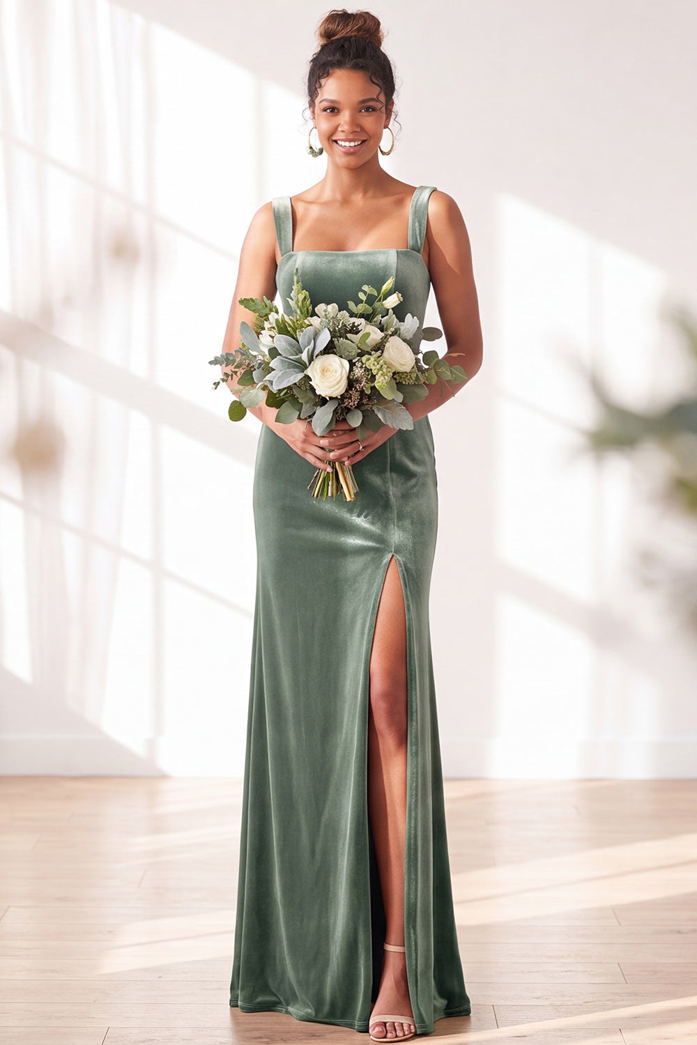Burgundy Velvet Sheath Long Formal Dress with Slit