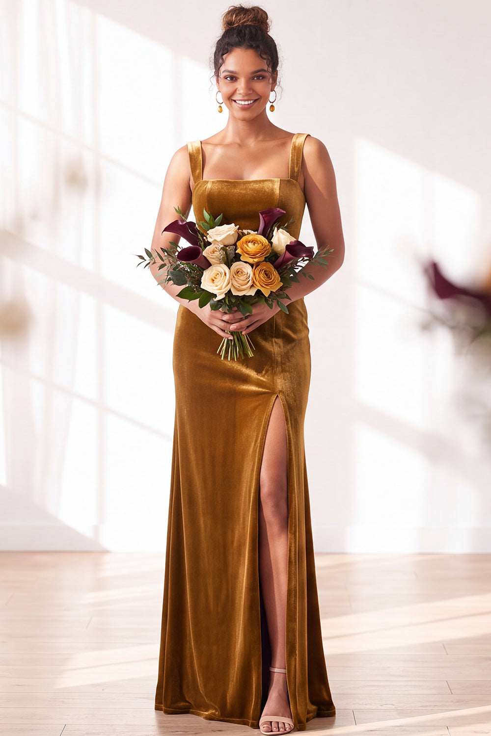 Burgundy Velvet Sheath Long Formal Dress with Slit