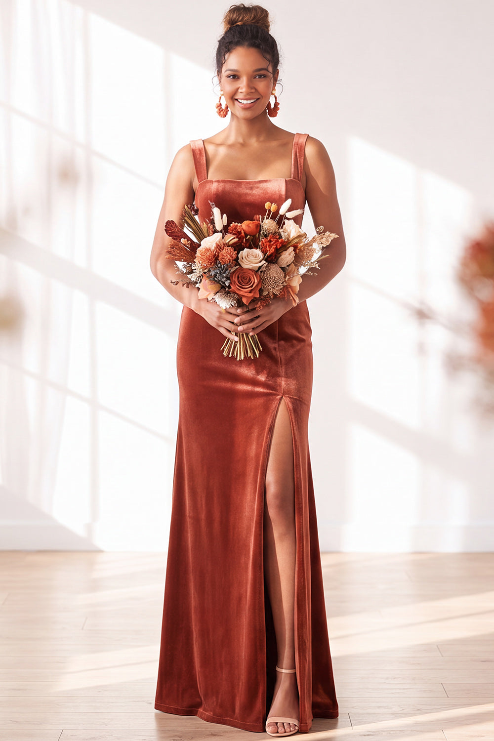 Burgundy Velvet Sheath Long Formal Dress with Slit