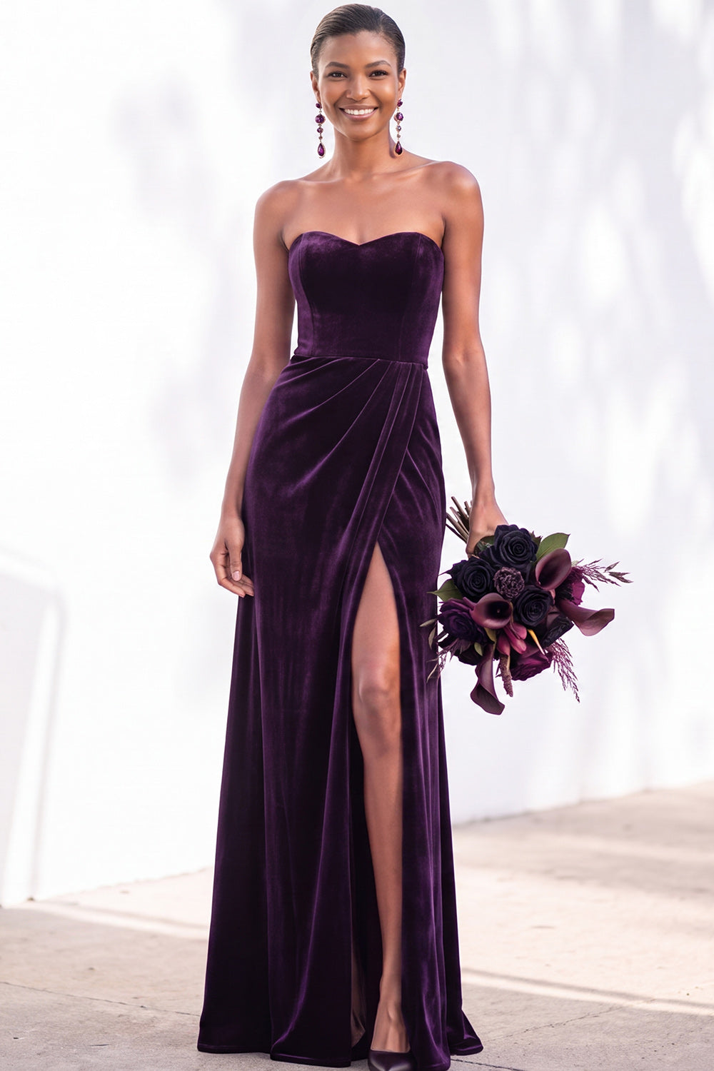 Navy Velvet Sheath Sweetheart Long Formal Dress with Slit