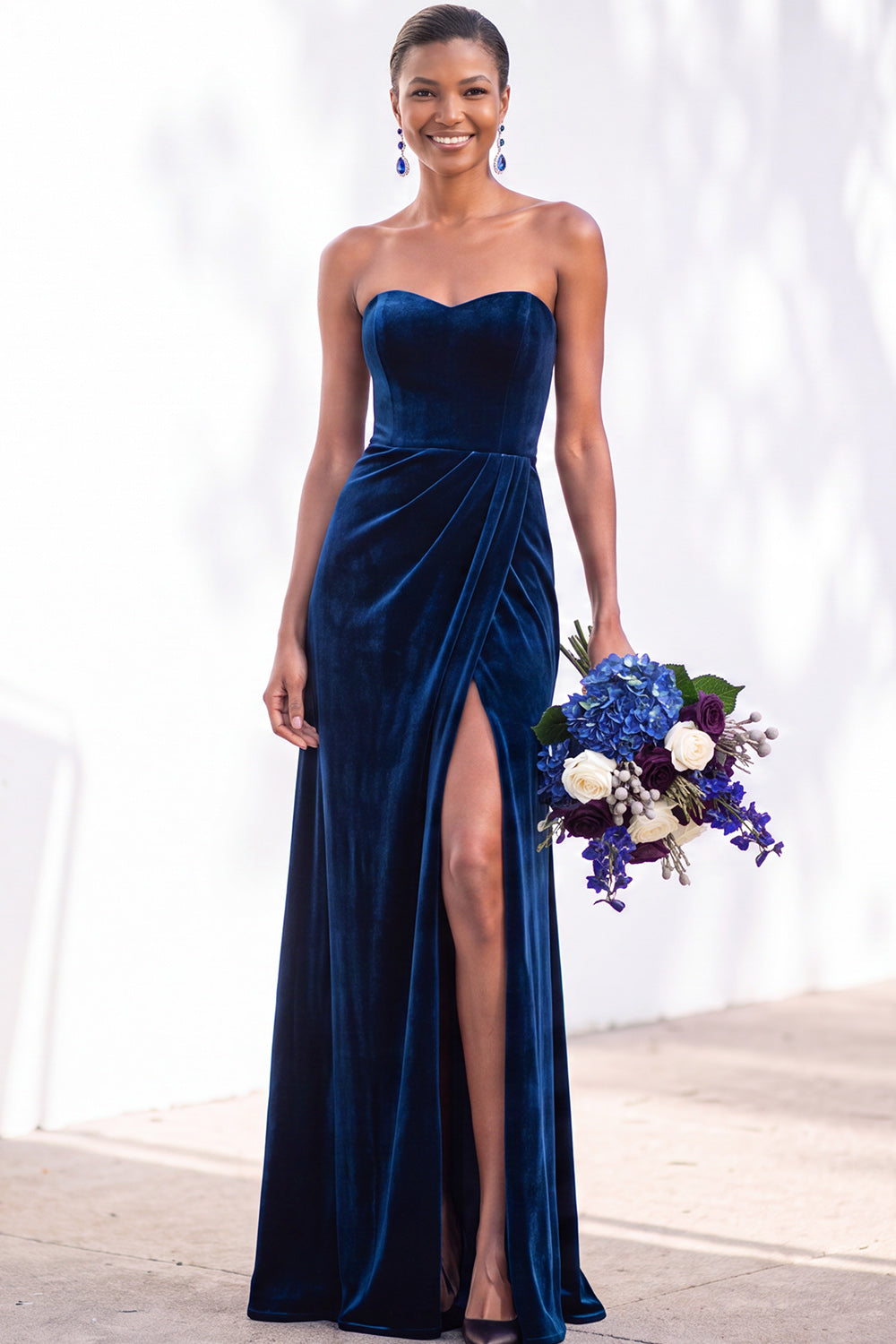 Navy Velvet Sheath Sweetheart Long Formal Dress with Slit