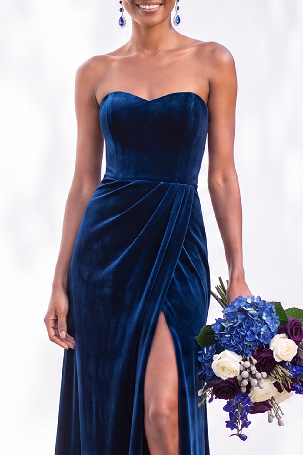 Navy Velvet Sheath Sweetheart Long Formal Dress with Slit