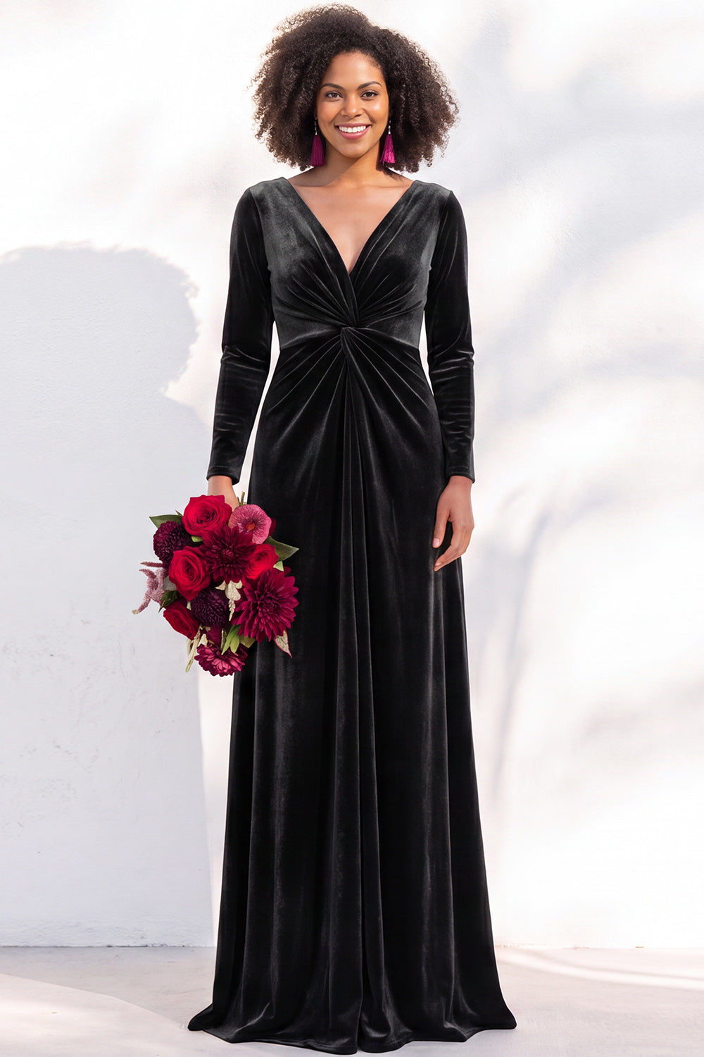 Terracotta Ruched Long Velvet Formal Dress with Sleeves