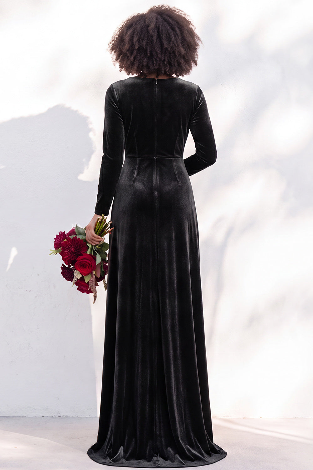 Terracotta Ruched Long Velvet Formal Dress with Sleeves