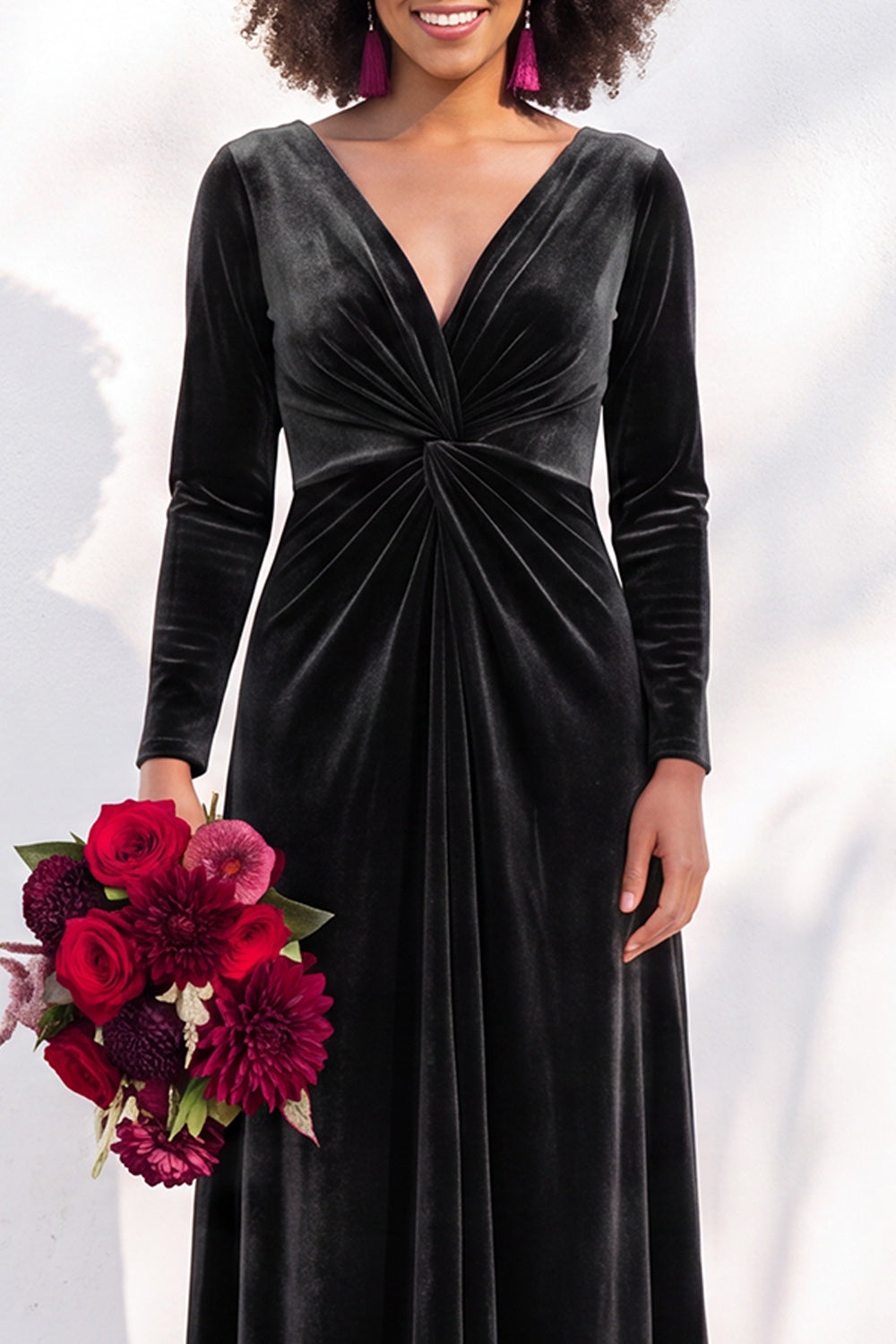 Terracotta Ruched Long Velvet Formal Dress with Sleeves