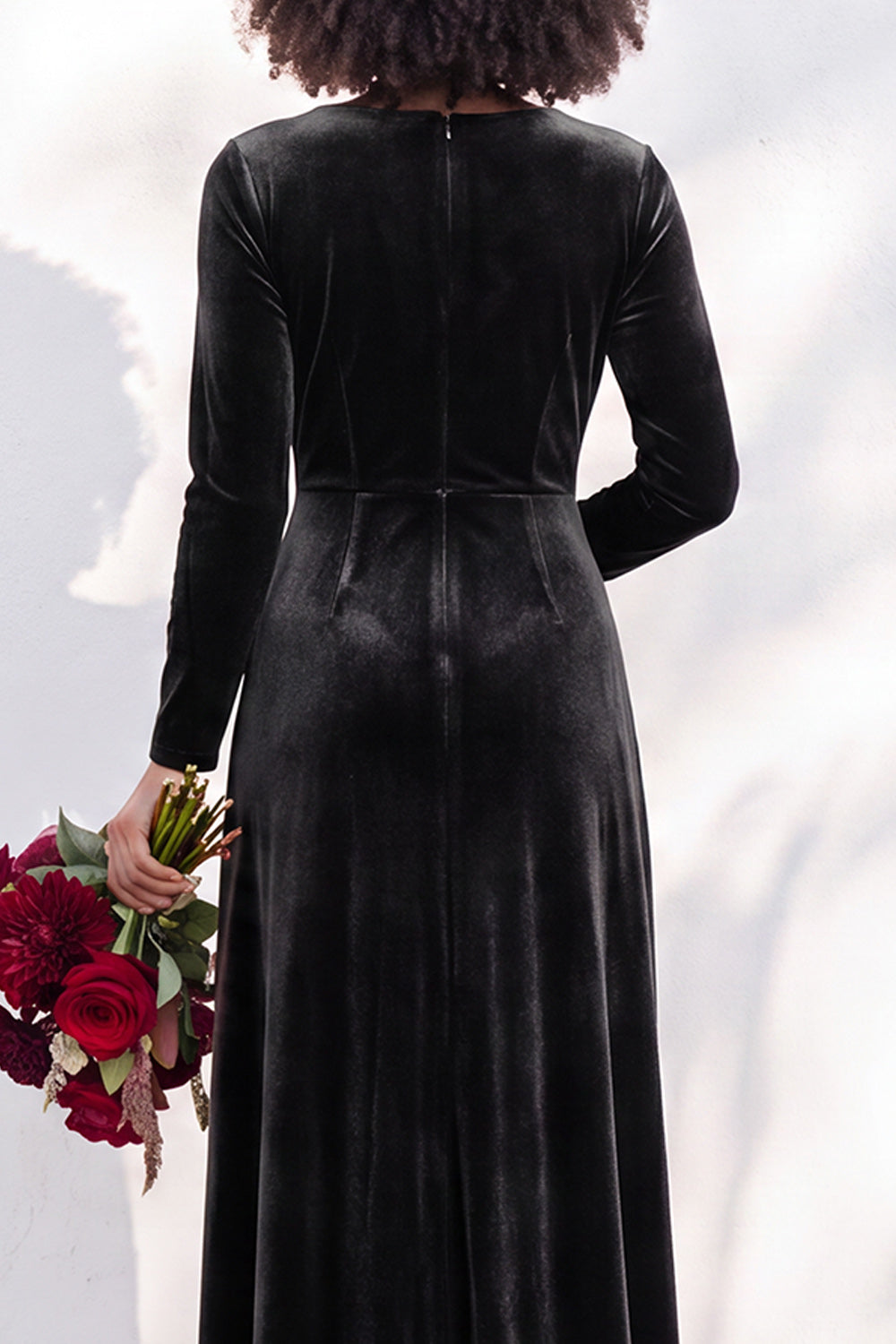 Terracotta Ruched Long Velvet Formal Dress with Sleeves