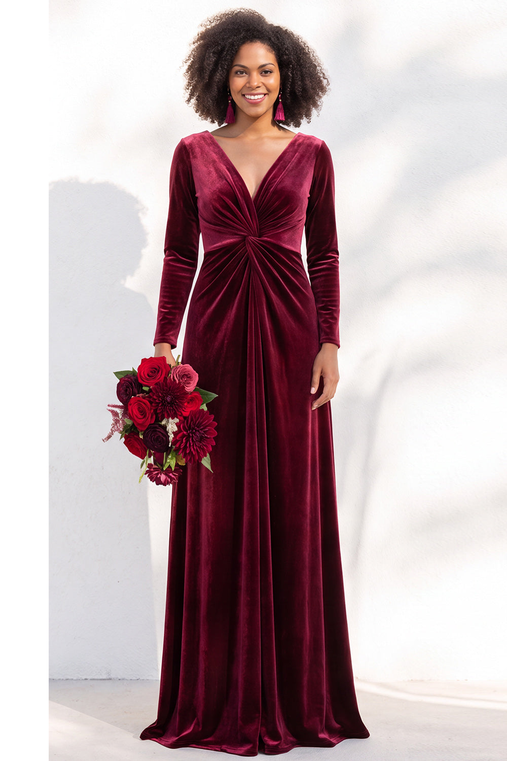Terracotta Ruched Long Velvet Formal Dress with Sleeves