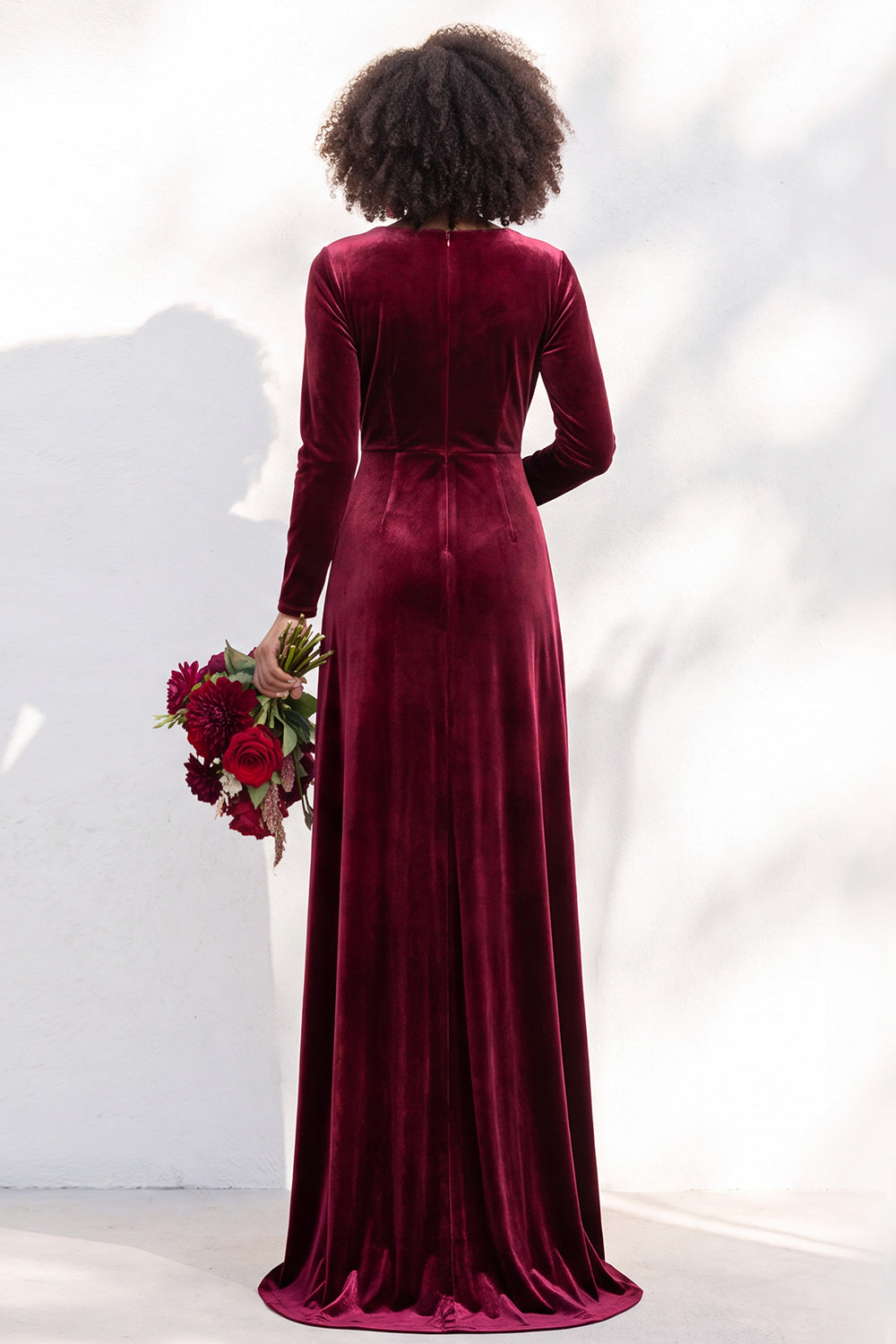 Terracotta Ruched Long Velvet Formal Dress with Sleeves