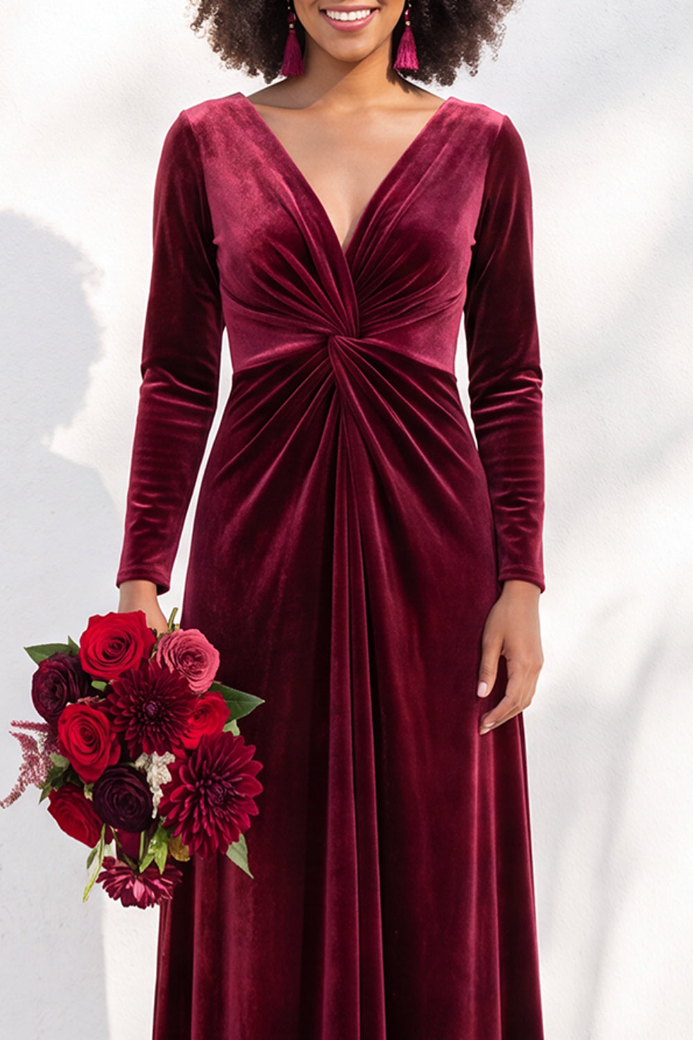 Terracotta Ruched Long Velvet Formal Dress with Sleeves