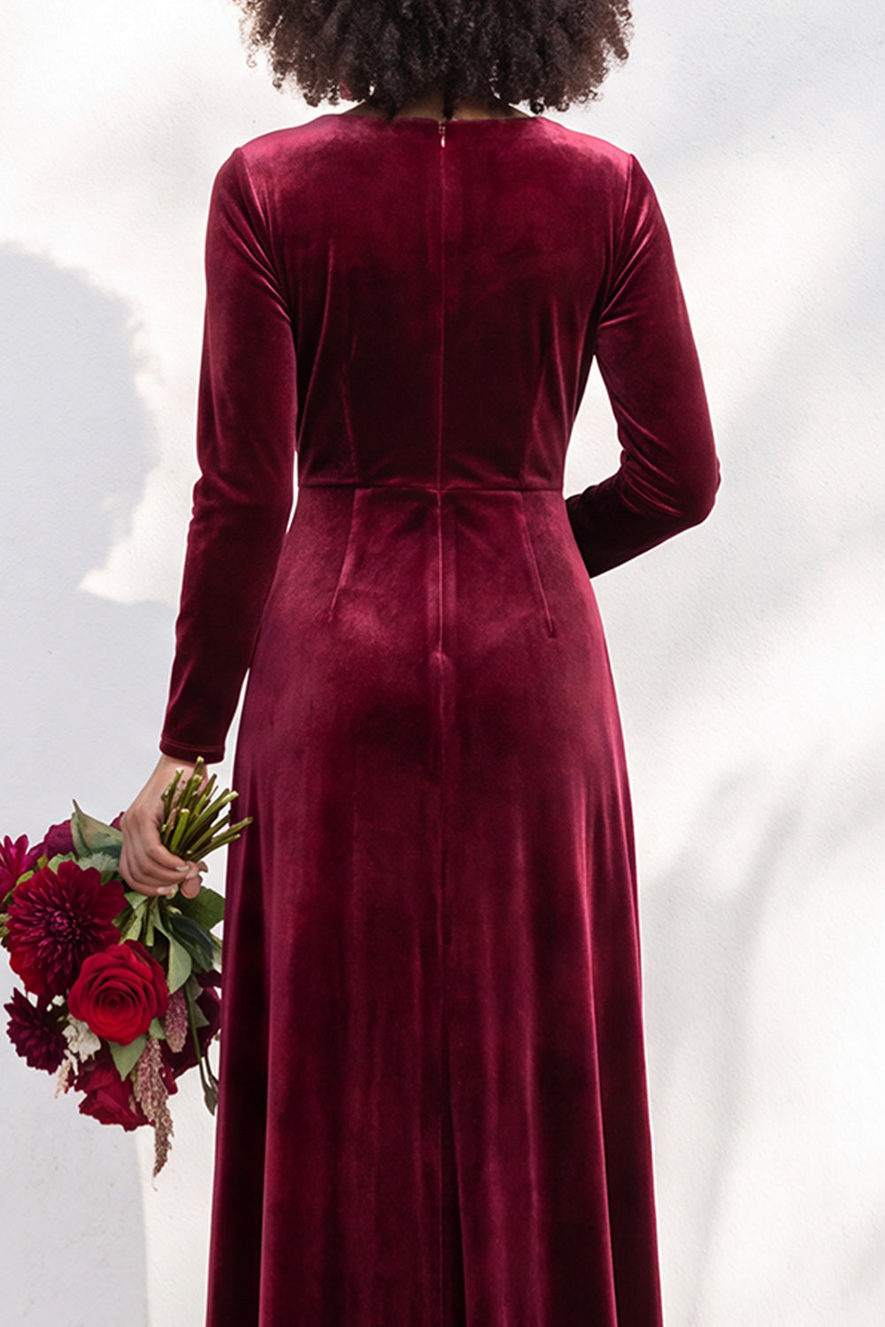 Terracotta Ruched Long Velvet Formal Dress with Sleeves
