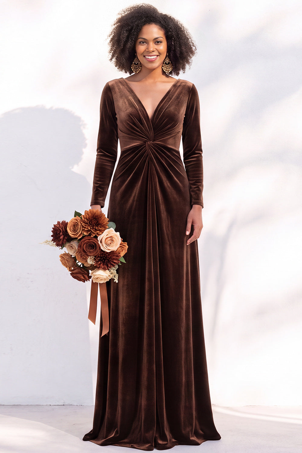 Terracotta Ruched Long Velvet Formal Dress with Sleeves