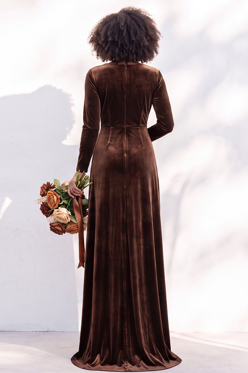 Terracotta Ruched Long Velvet Formal Dress with Sleeves