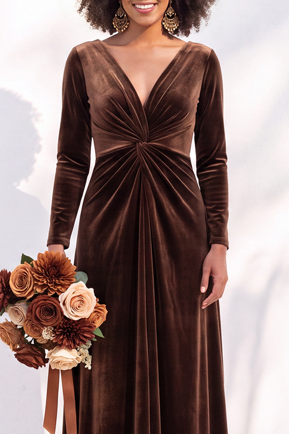 Terracotta Ruched Long Velvet Formal Dress with Sleeves