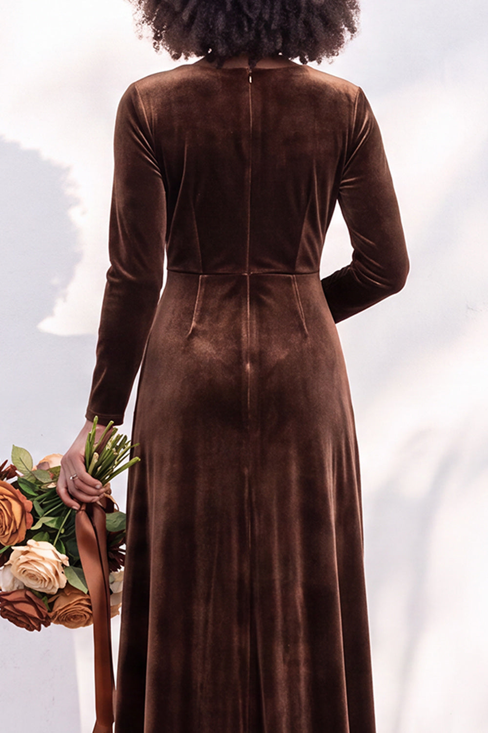 Terracotta Ruched Long Velvet Formal Dress with Sleeves