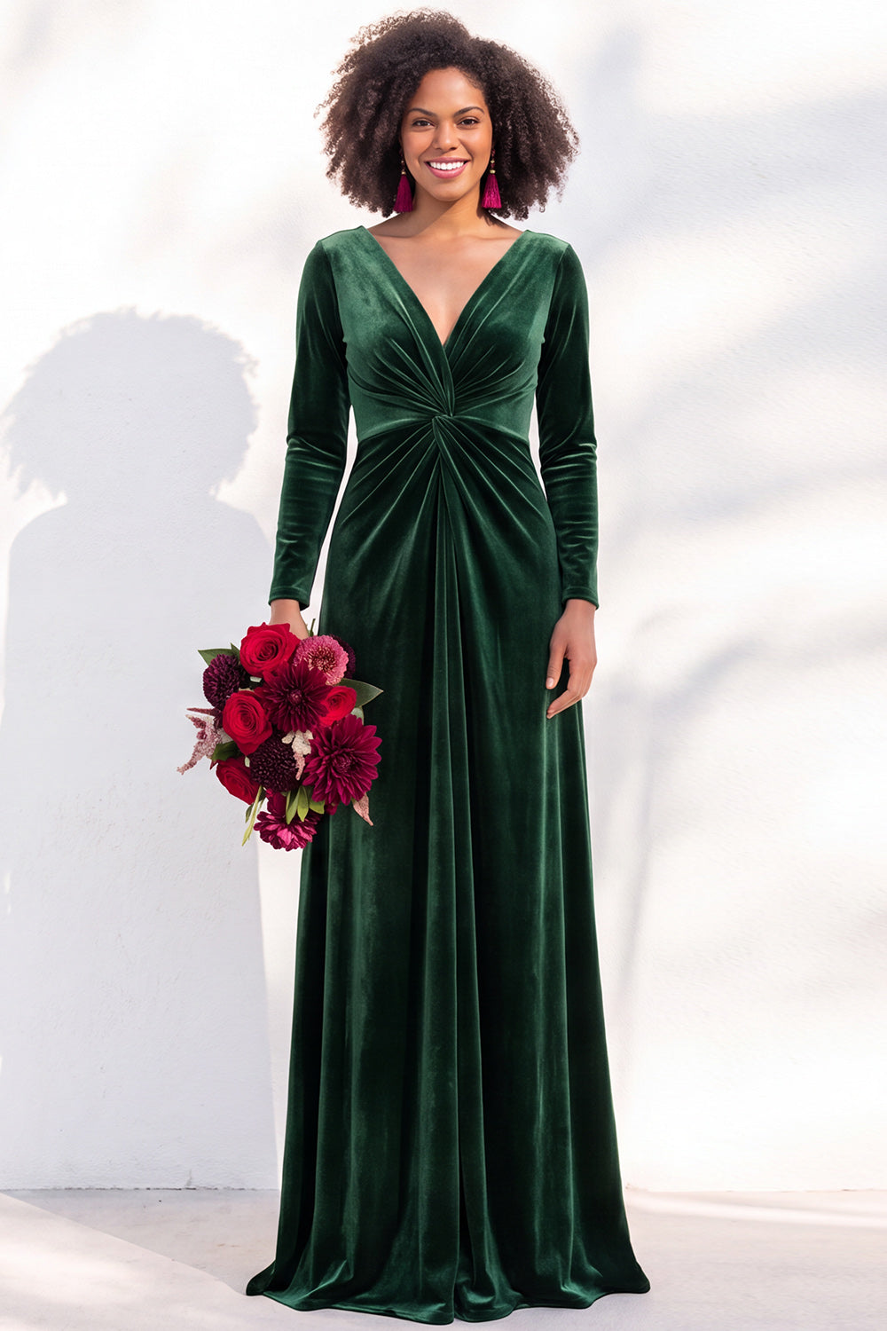 Terracotta Ruched Long Velvet Formal Dress with Sleeves