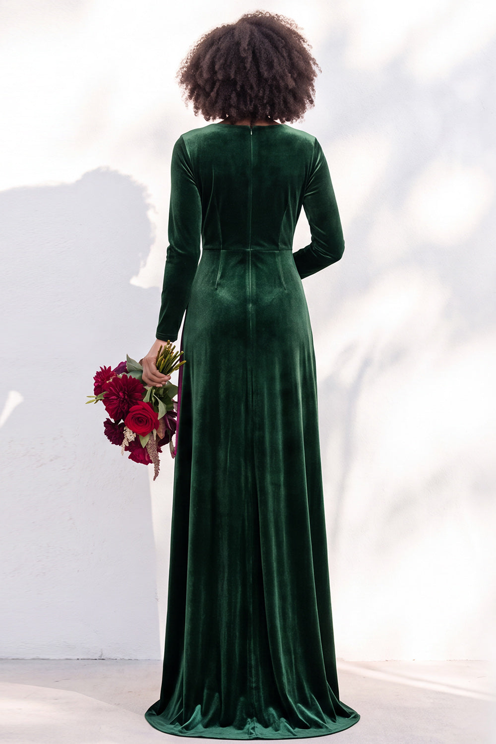 Terracotta Ruched Long Velvet Formal Dress with Sleeves