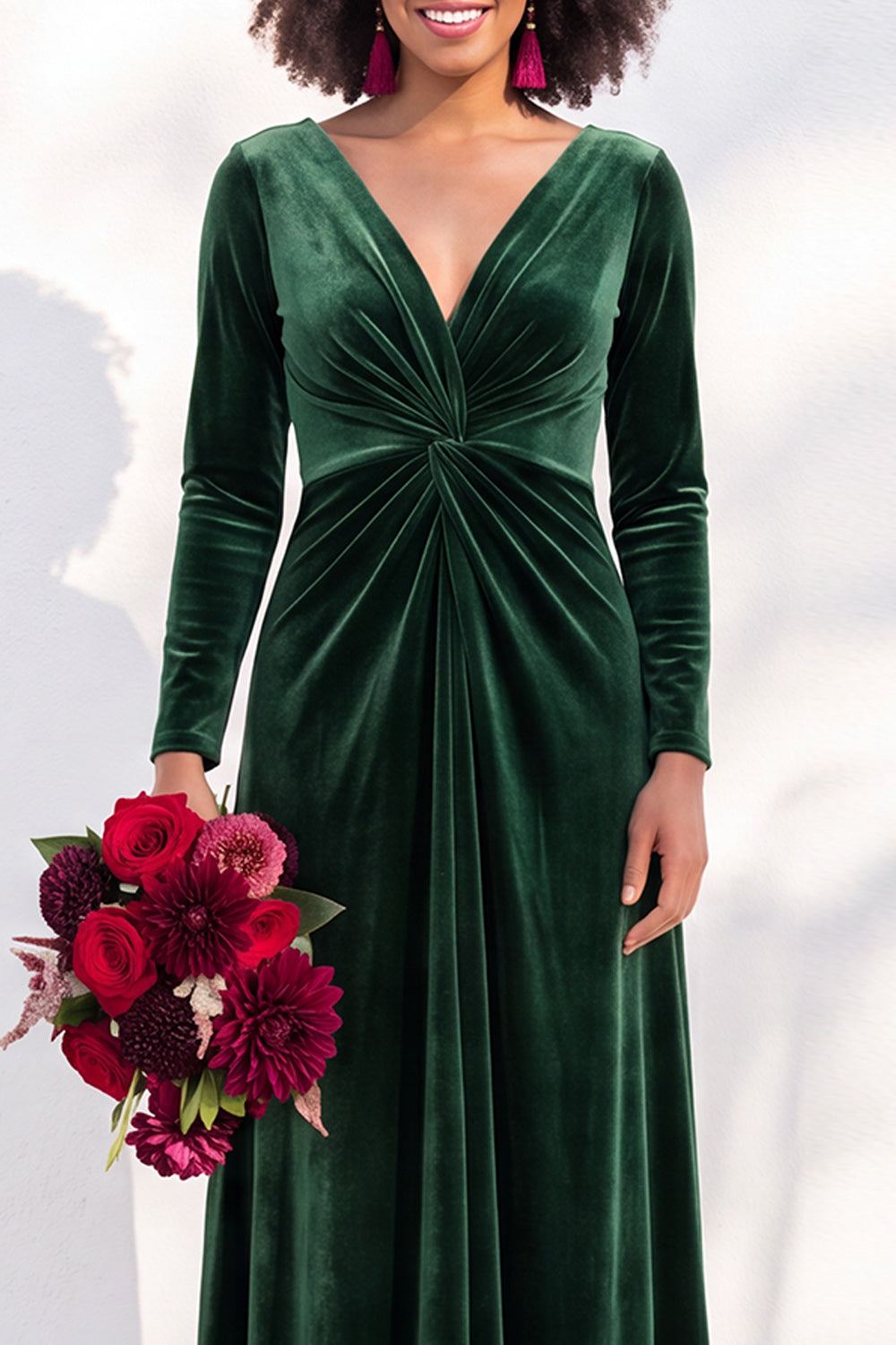Terracotta Ruched Long Velvet Formal Dress with Sleeves