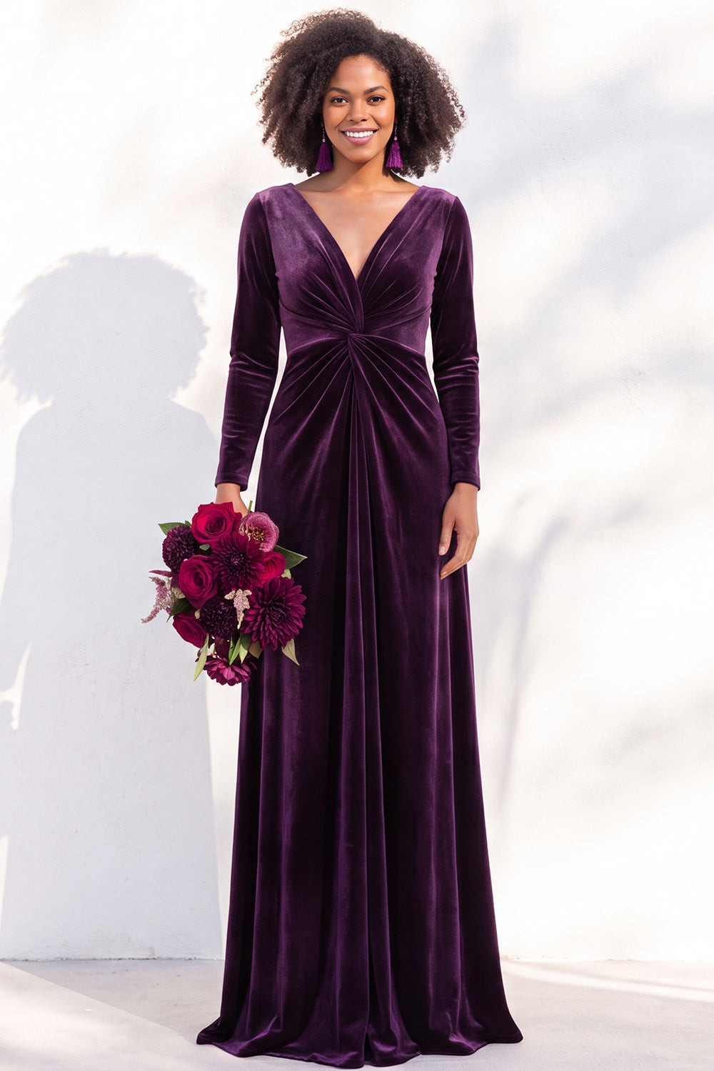 Terracotta Ruched Long Velvet Formal Dress with Sleeves