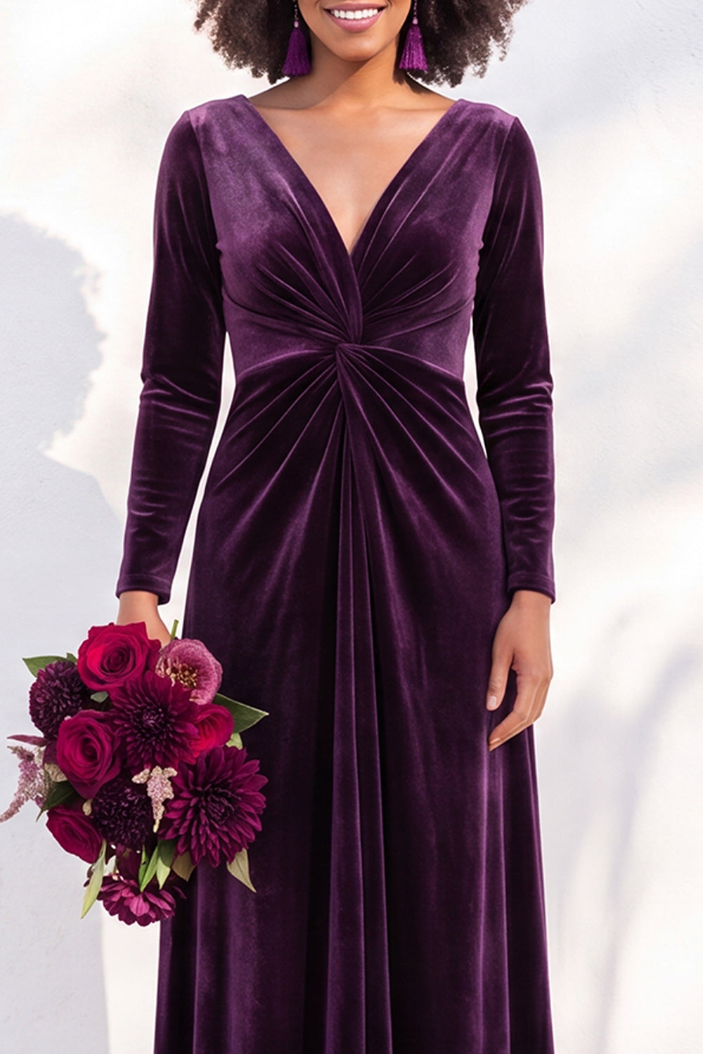 Terracotta Ruched Long Velvet Formal Dress with Sleeves