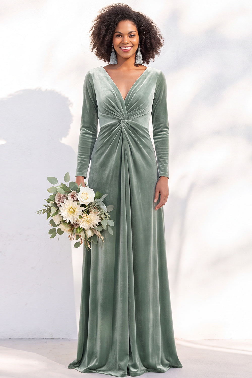 Terracotta Ruched Long Velvet Formal Dress with Sleeves