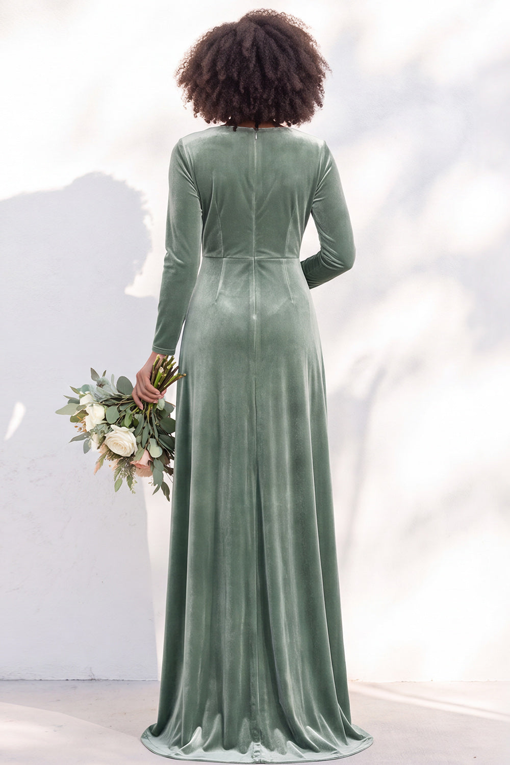 Terracotta Ruched Long Velvet Formal Dress with Sleeves