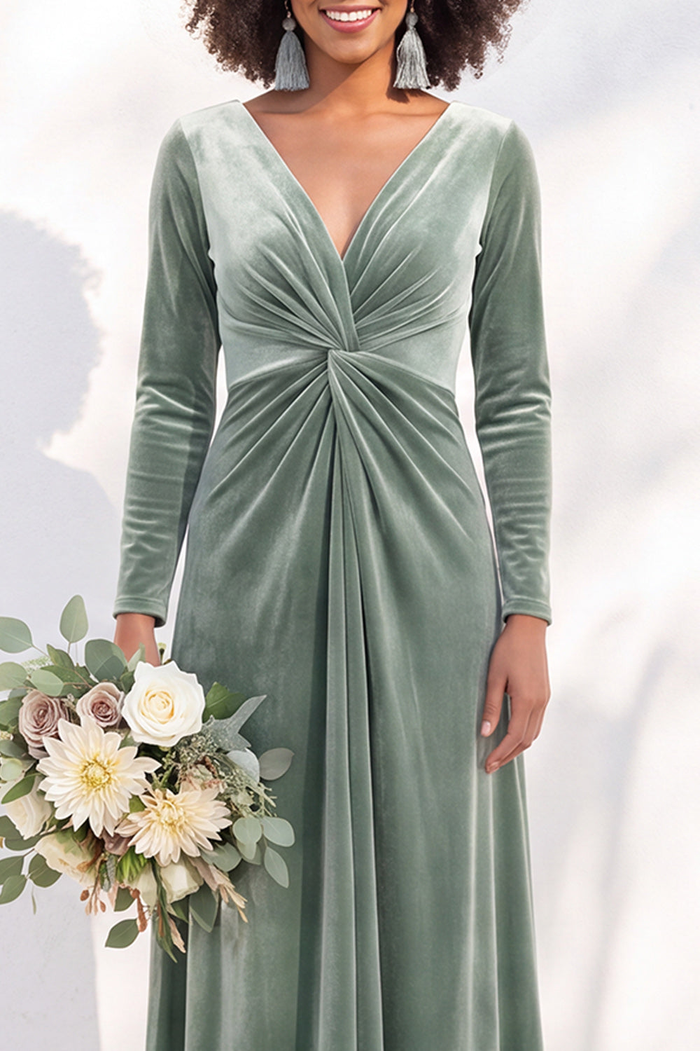 Terracotta Ruched Long Velvet Formal Dress with Sleeves