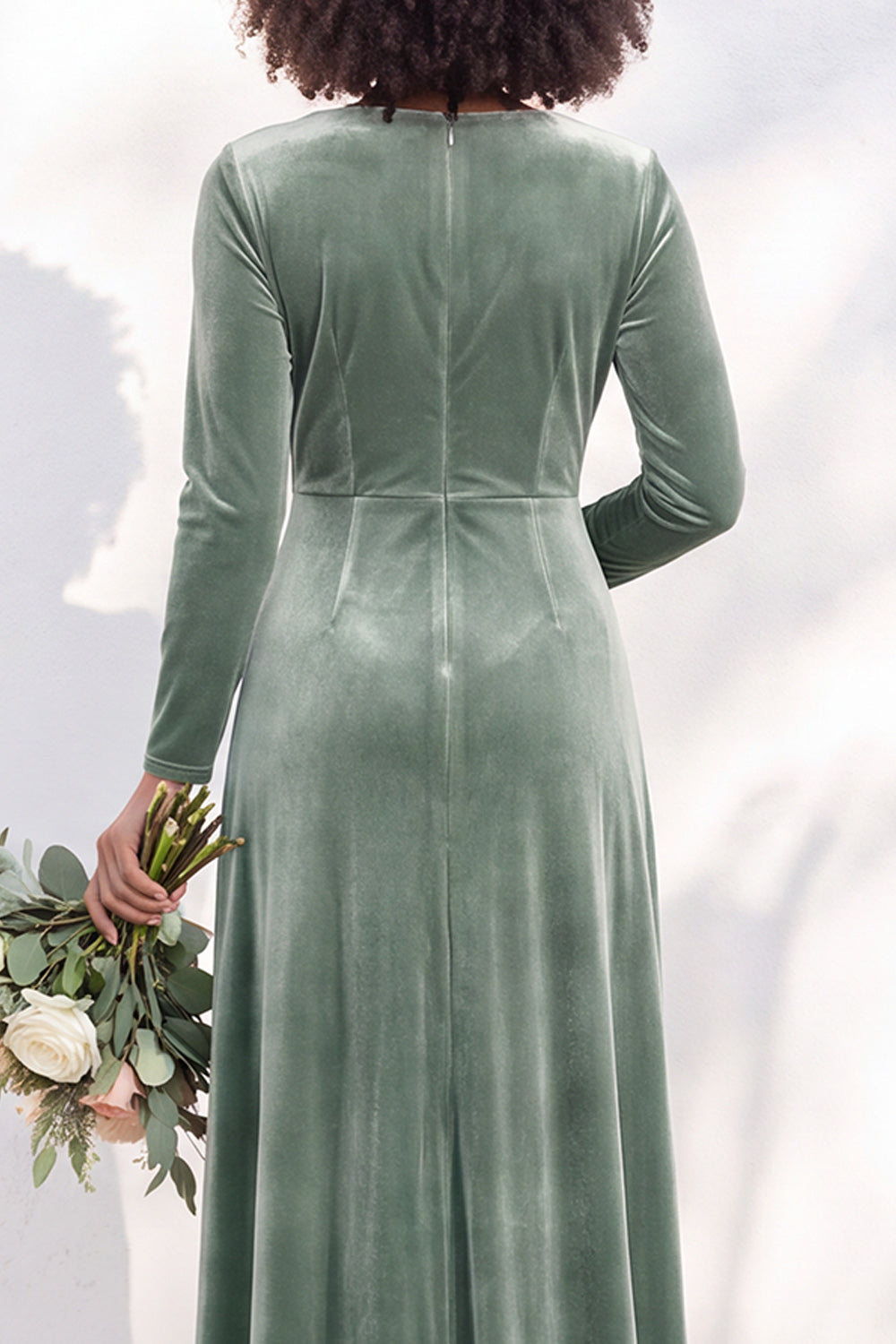 Terracotta Ruched Long Velvet Formal Dress with Sleeves