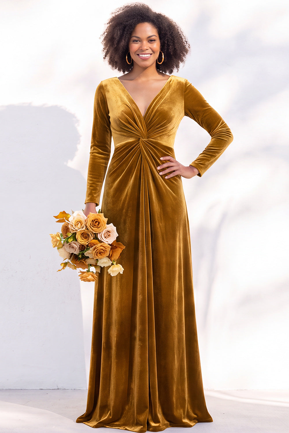 Terracotta Ruched Long Velvet Formal Dress with Sleeves