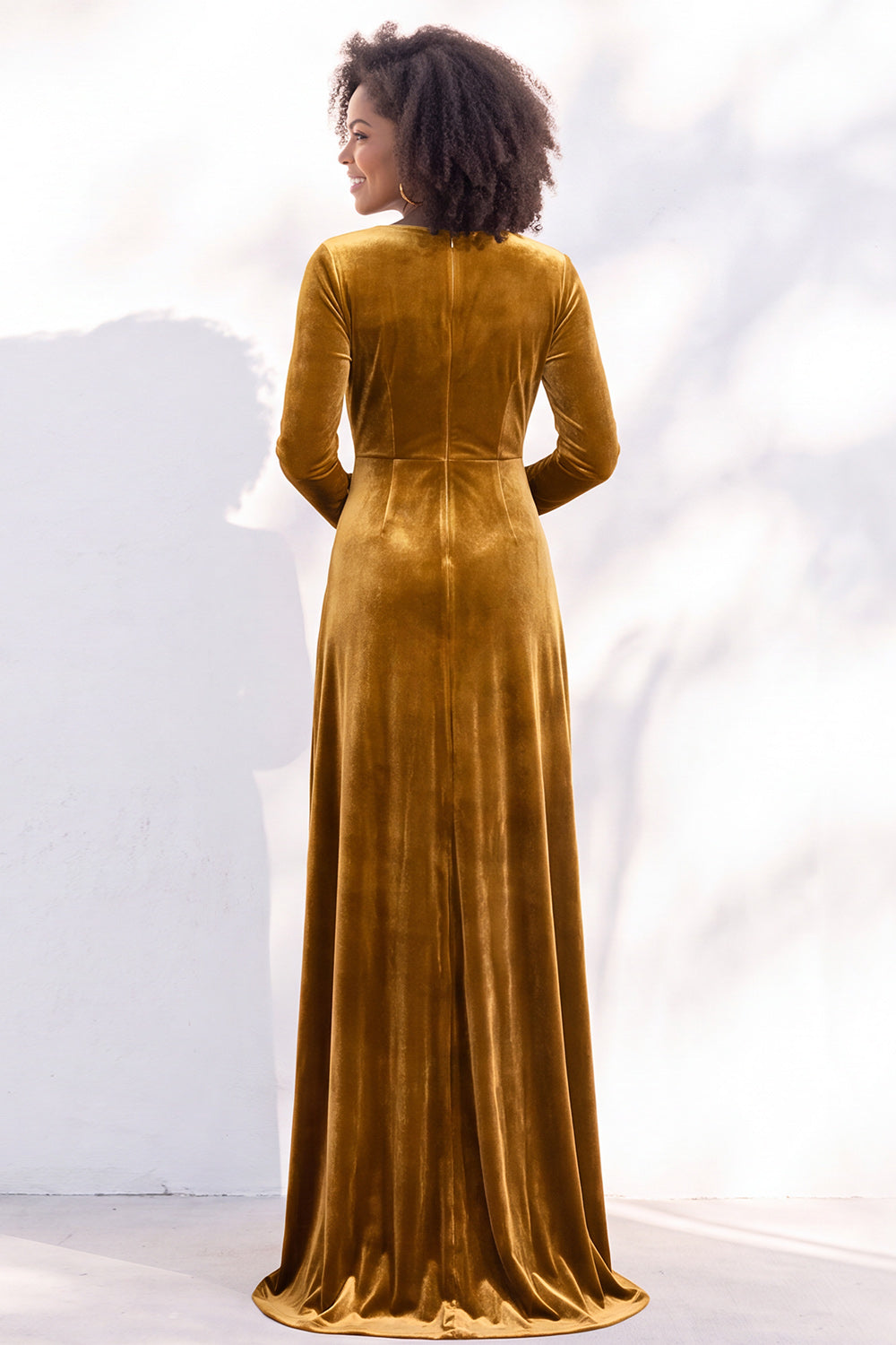 Terracotta Ruched Long Velvet Formal Dress with Sleeves