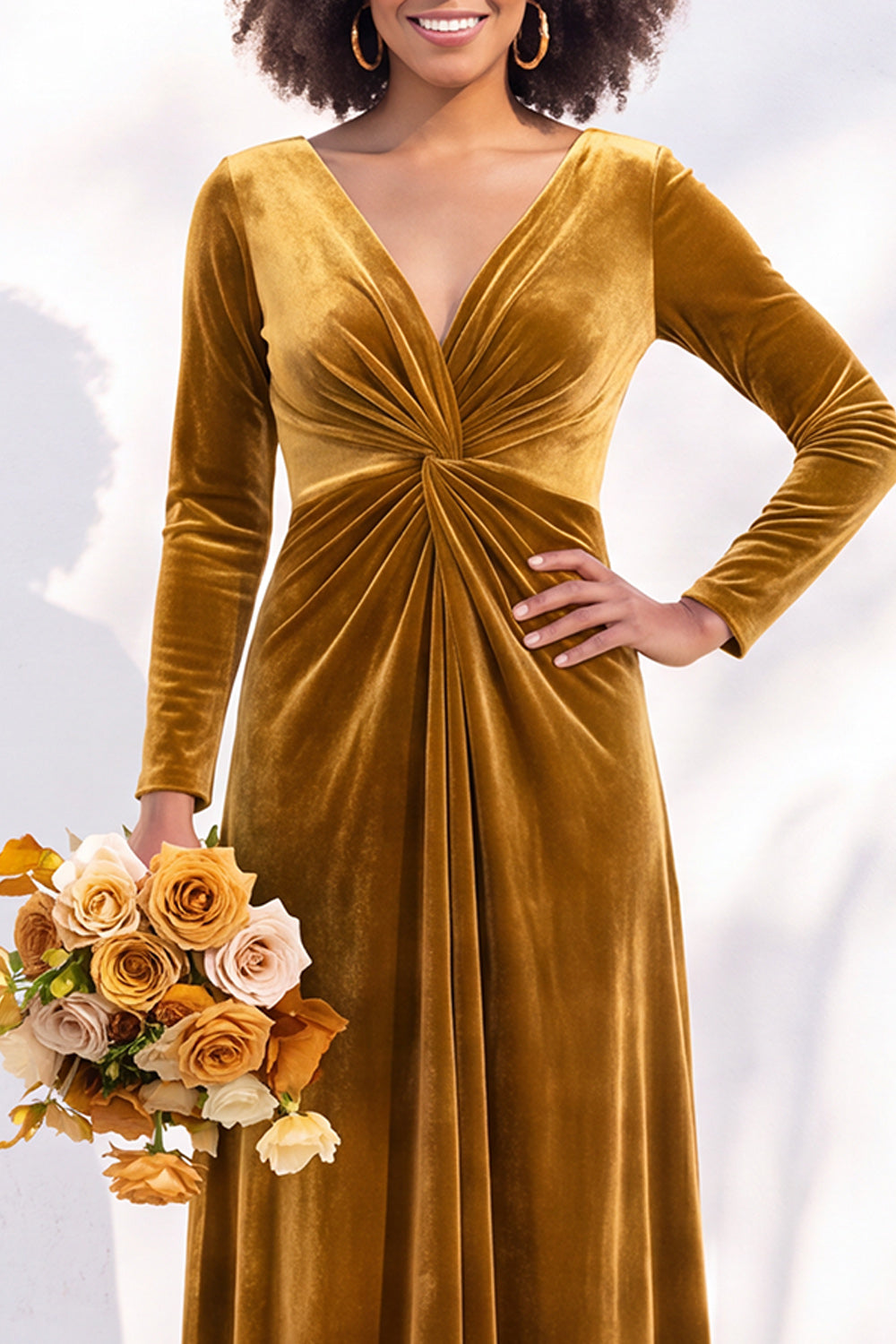 Terracotta Ruched Long Velvet Formal Dress with Sleeves