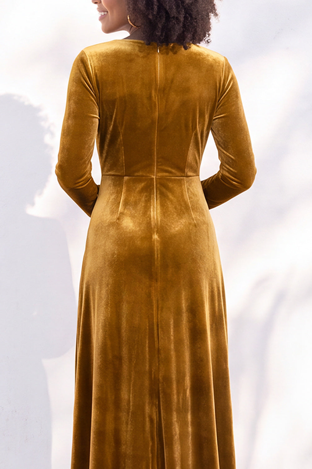 Terracotta Ruched Long Velvet Formal Dress with Sleeves