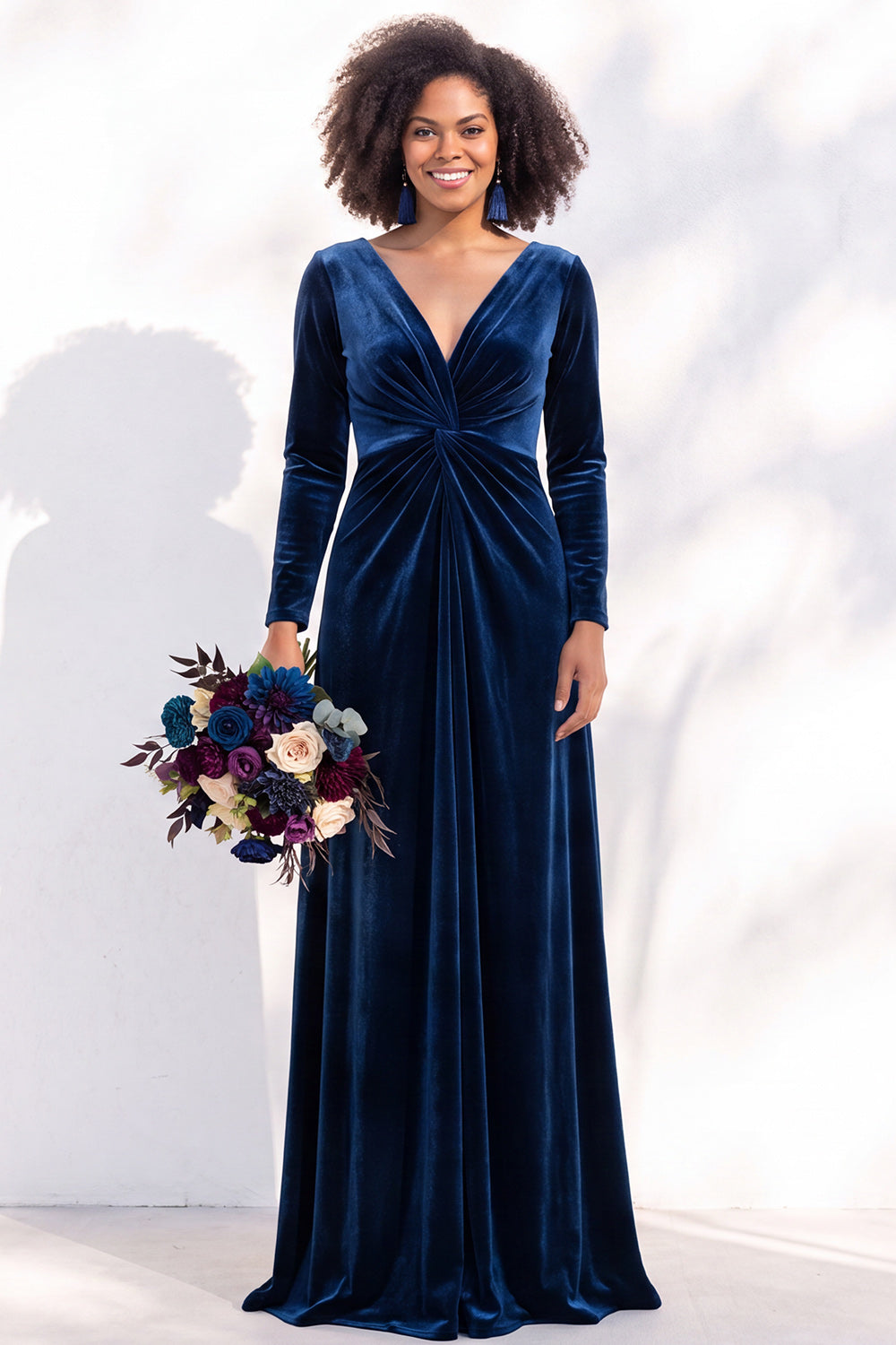 Terracotta Ruched Long Velvet Formal Dress with Sleeves