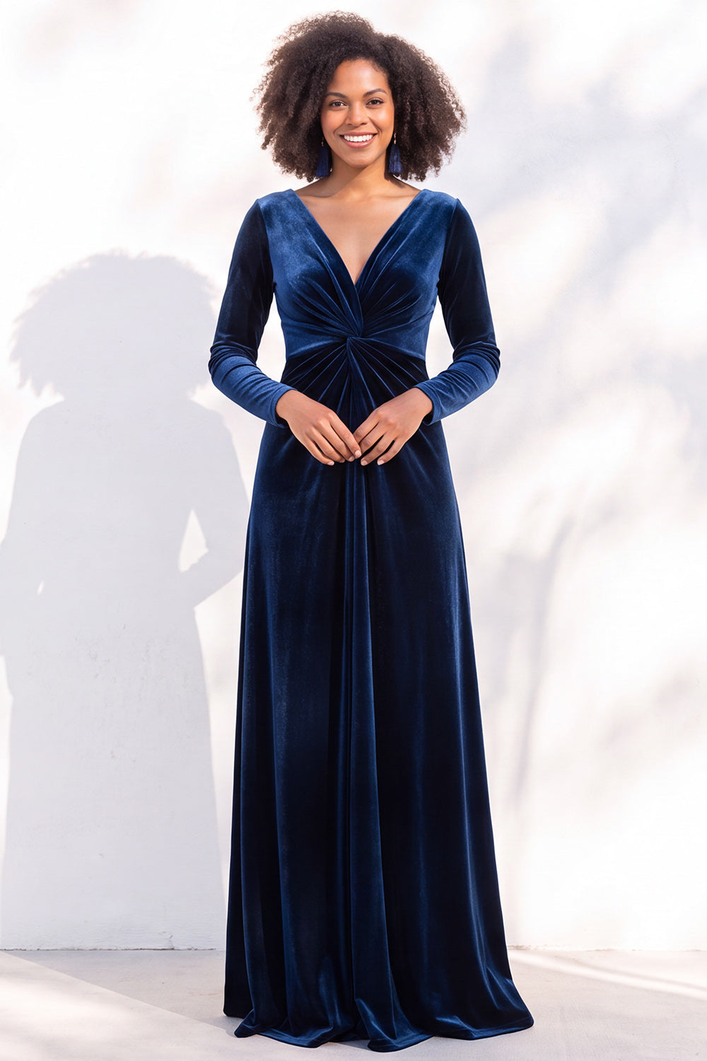 Terracotta Ruched Long Velvet Formal Dress with Sleeves