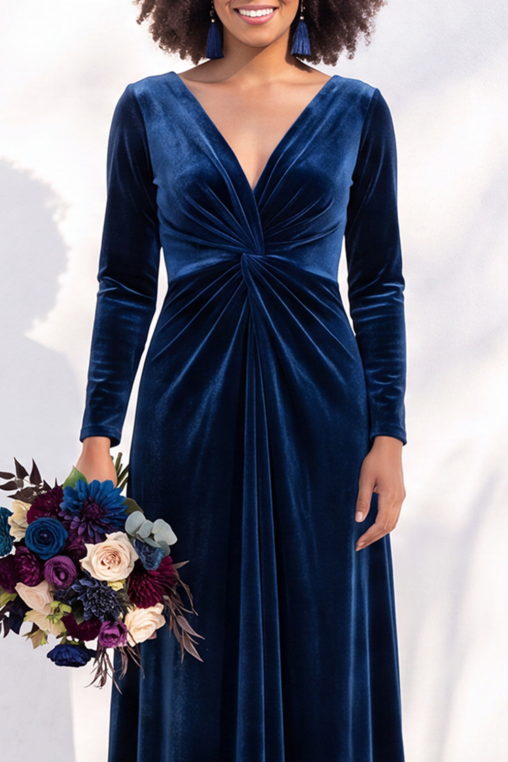 Terracotta Ruched Long Velvet Formal Dress with Sleeves