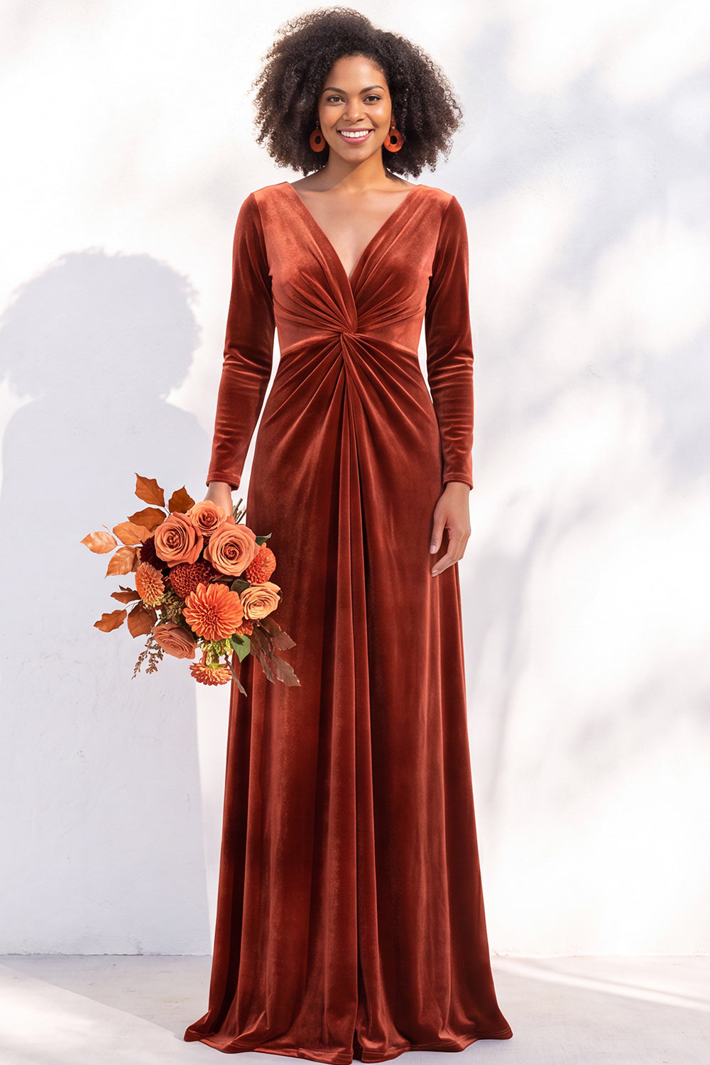 Terracotta Ruched Long Velvet Formal Dress with Sleeves