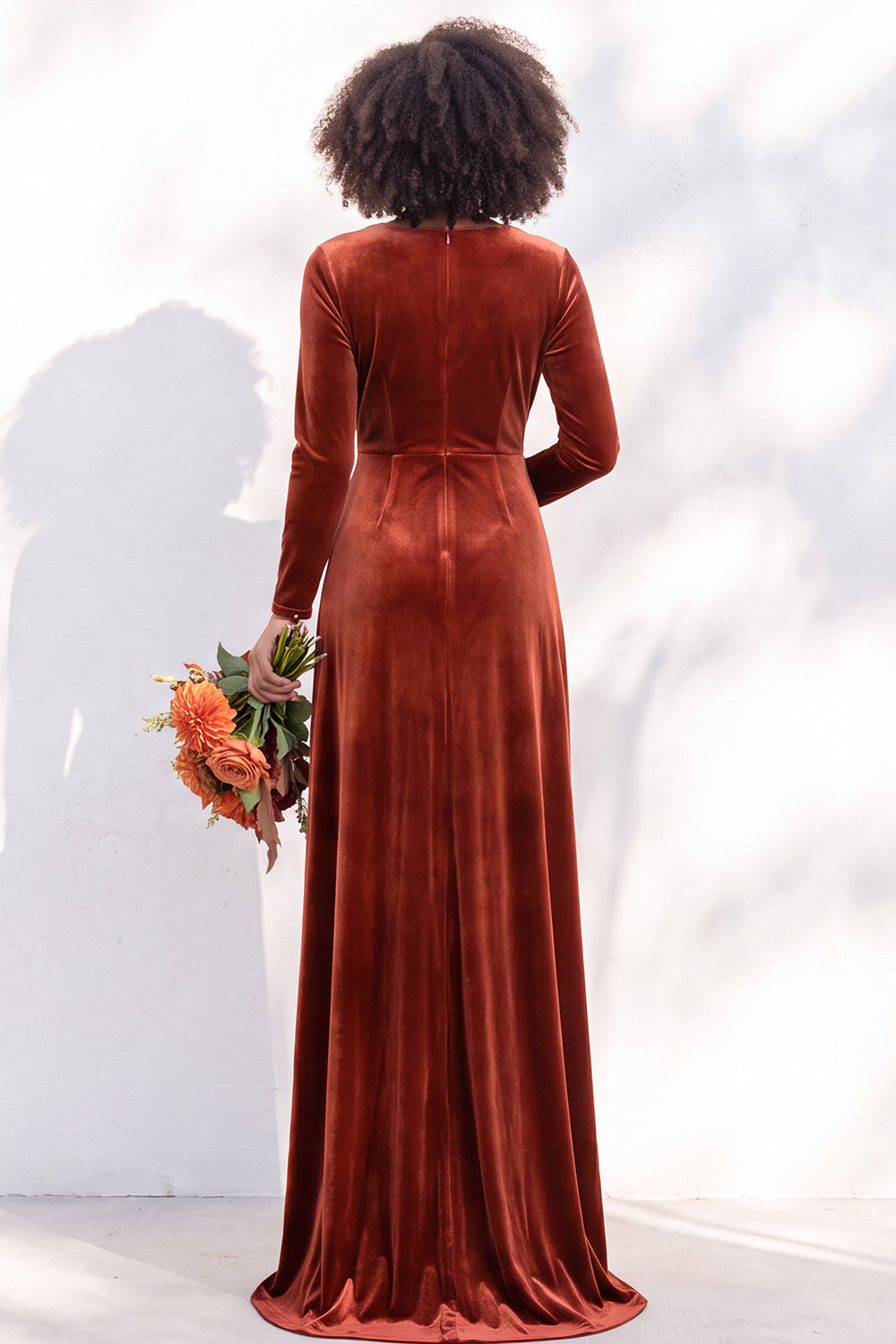 Terracotta Ruched Long Velvet Formal Dress with Sleeves