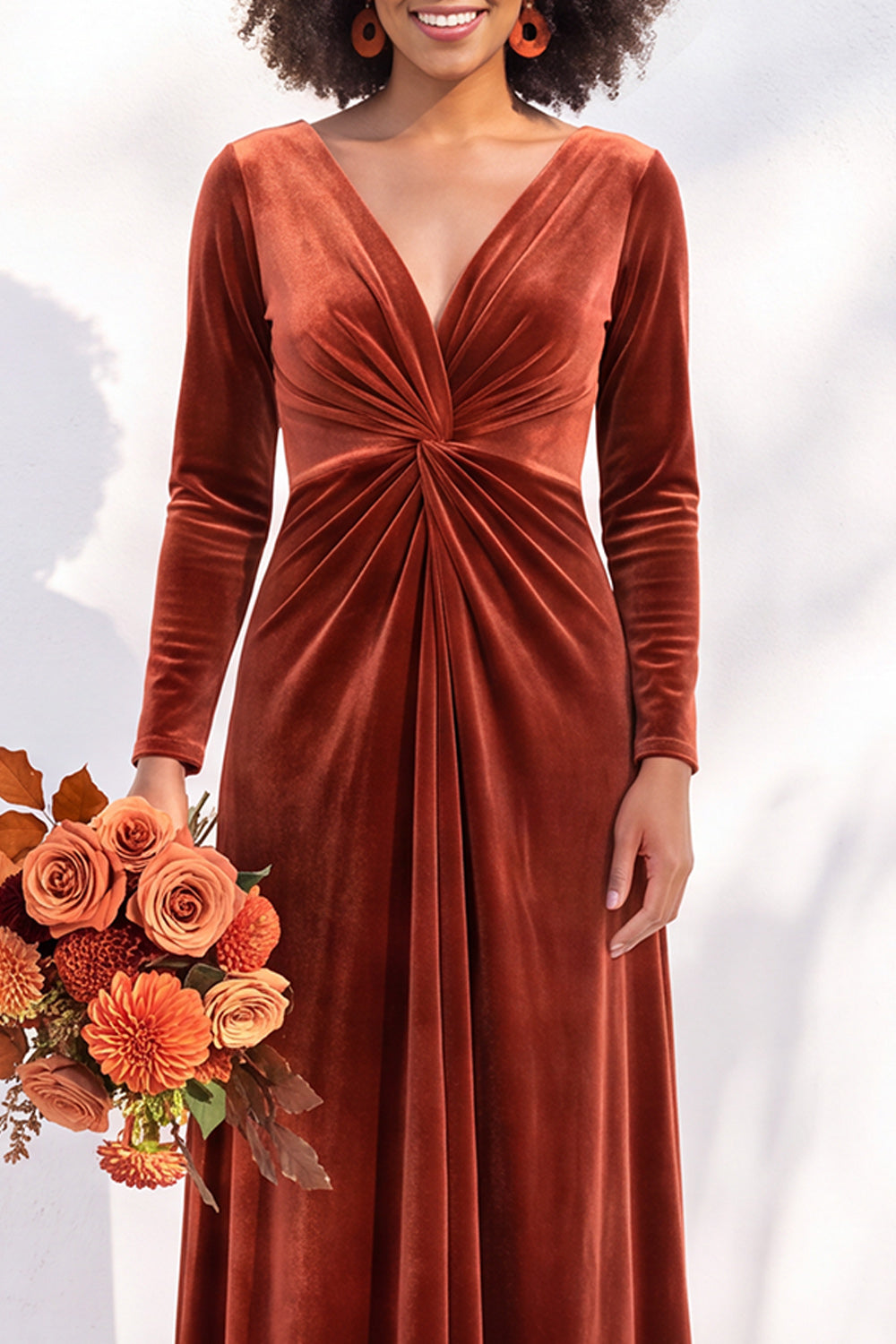 Terracotta Ruched Long Velvet Formal Dress with Sleeves