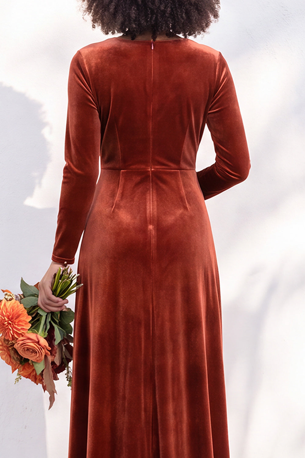 Terracotta Ruched Long Velvet Formal Dress with Sleeves