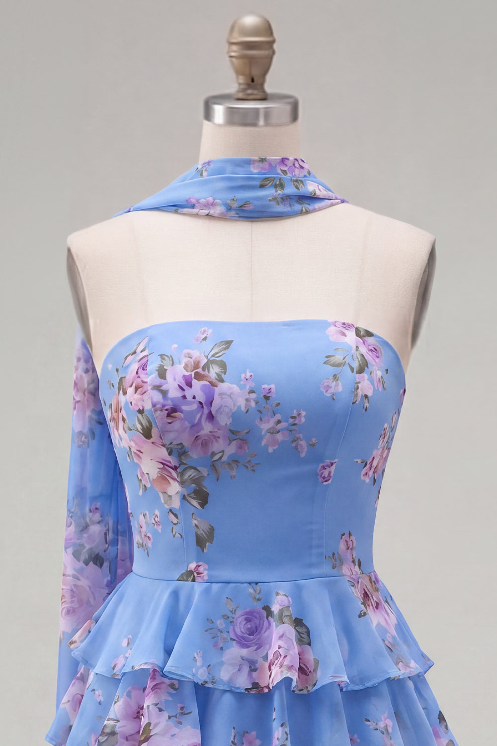 Yellow Ruffled Floral A-Line Short Homecoming Dress with Neck Scarf