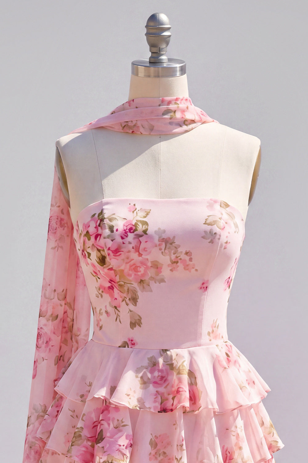 Yellow Ruffled Floral A-Line Short Homecoming Dress with Neck Scarf
