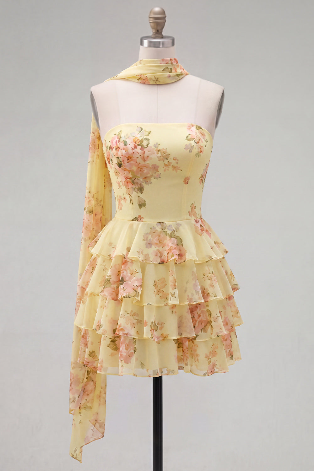 Yellow Ruffled Floral A-Line Short Homecoming Dress with Neck Scarf