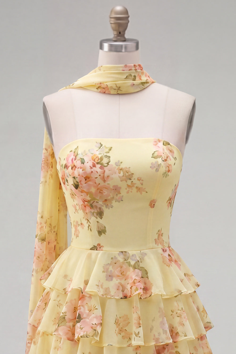 Yellow Ruffled Floral A-Line Short Homecoming Dress with Neck Scarf