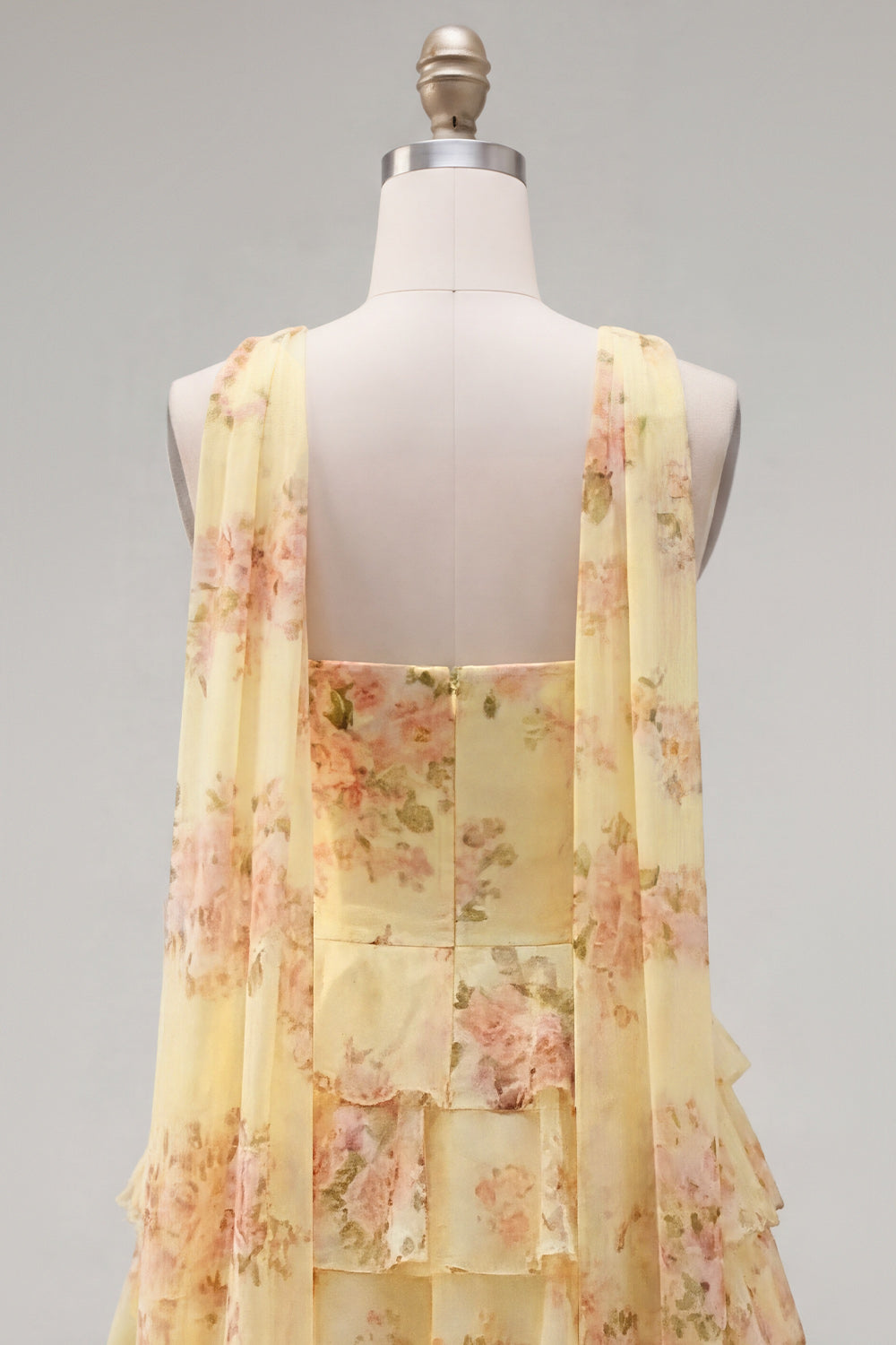Yellow Ruffled Floral A-Line Short Homecoming Dress with Neck Scarf