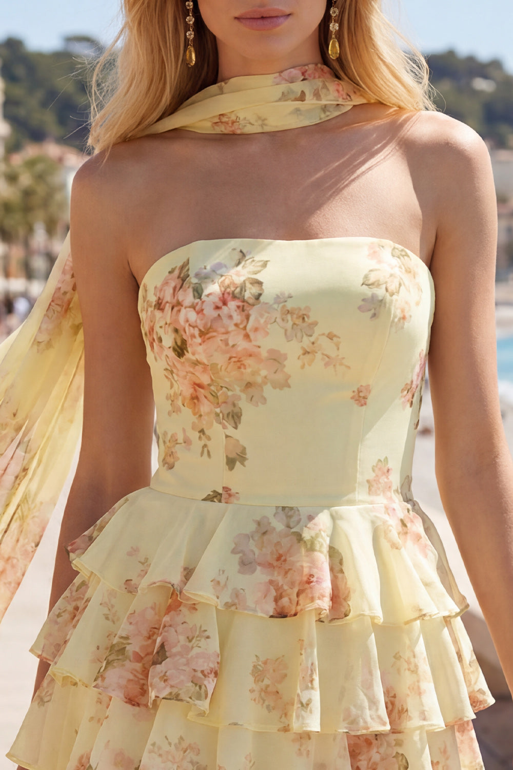 Yellow Ruffled Floral A-Line Short Homecoming Dress with Neck Scarf