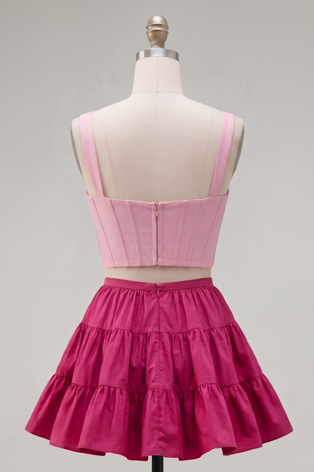 2 Piece Pink Fuchsia A-Line Ruffled Short Corset Homecoming Dress