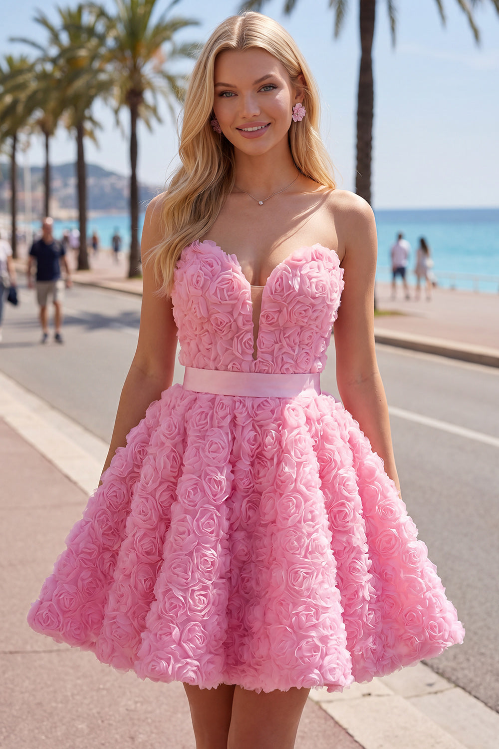 Pink A-Line Sweetheart Short Homecoming Dress with 3D Flowers