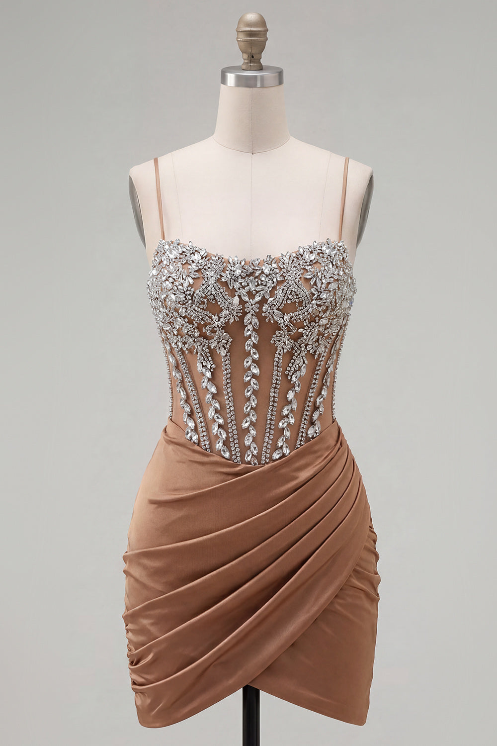 Sparkly Khaki Tight Ruched Short Corset Homecoming Dress with Rhinestones