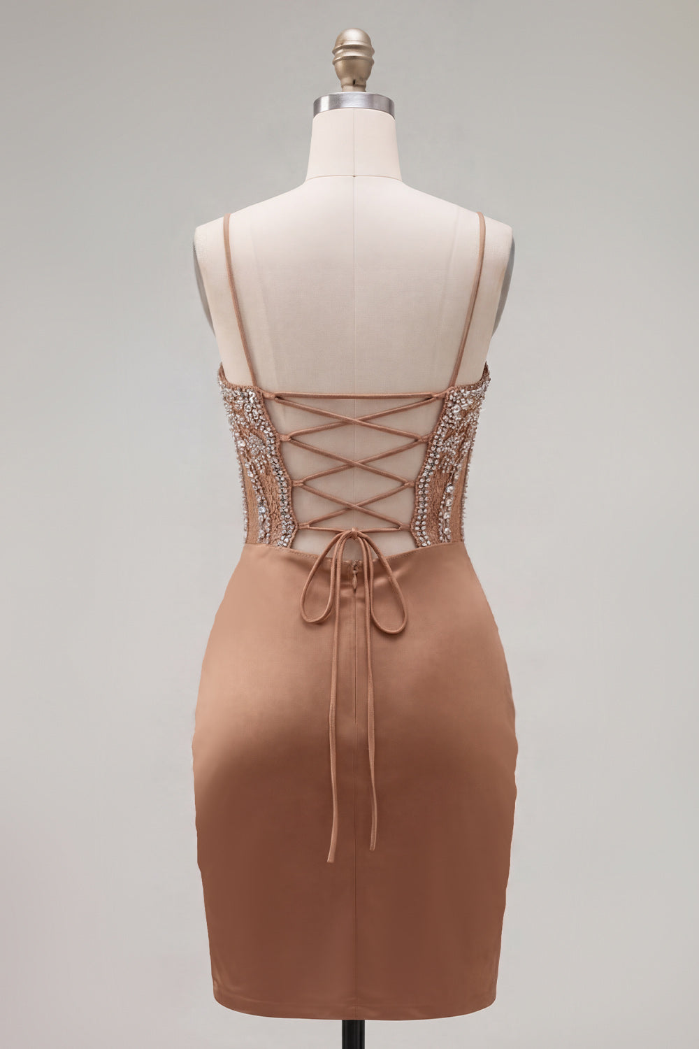 Sparkly Khaki Tight Ruched Short Corset Homecoming Dress with Rhinestones