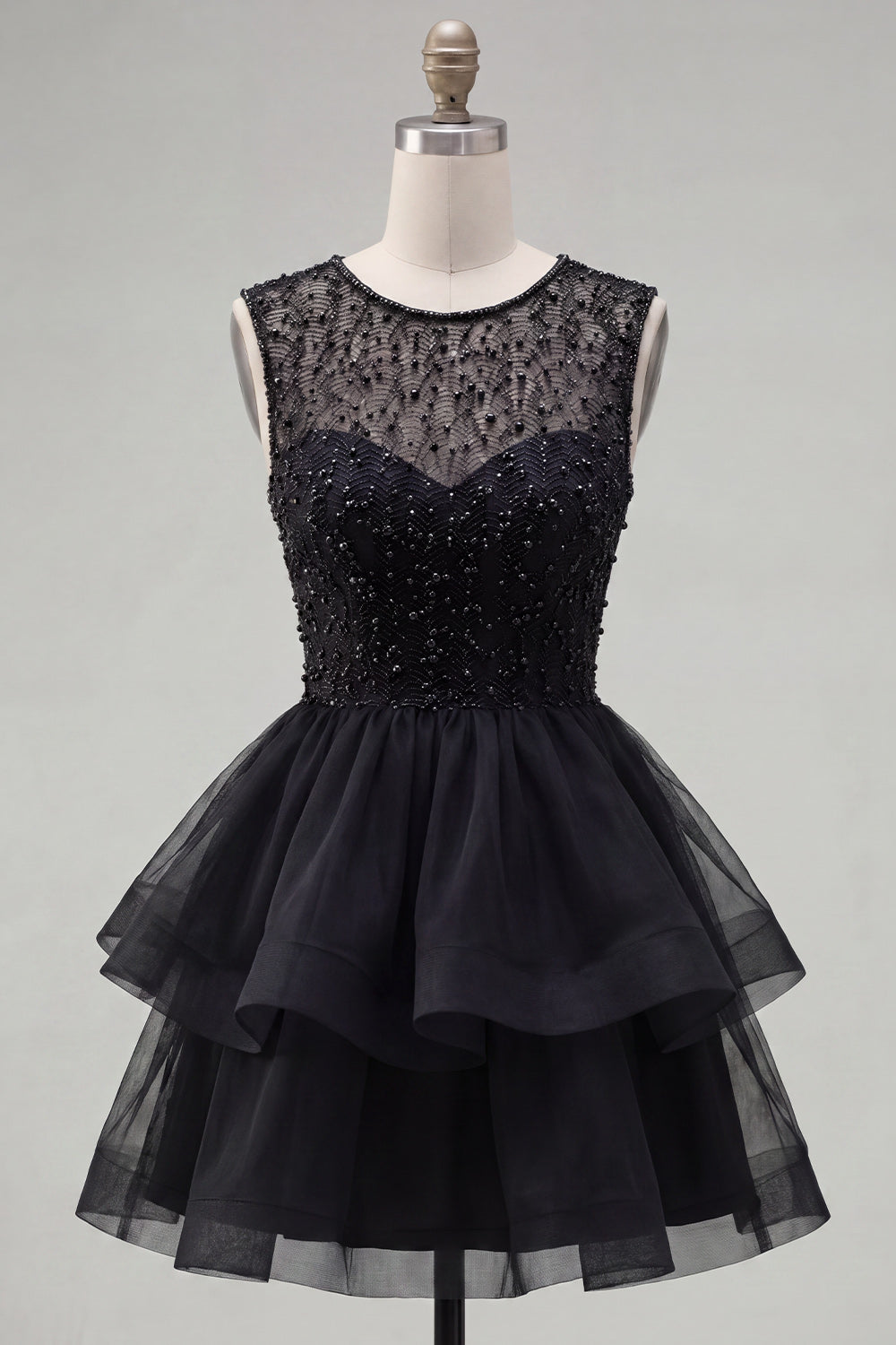 Blue Sparkly Beaded Tiered A-Line Illusion Neck Short Homecoming Dress