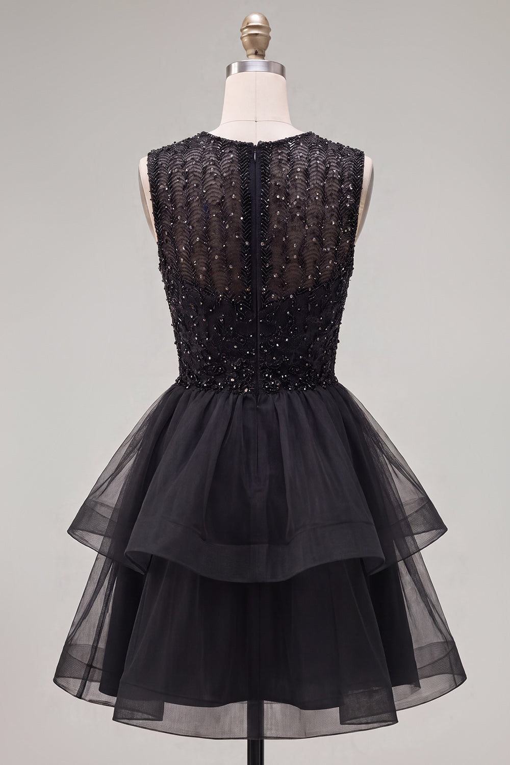 Blue Sparkly Beaded Tiered A-Line Illusion Neck Short Homecoming Dress